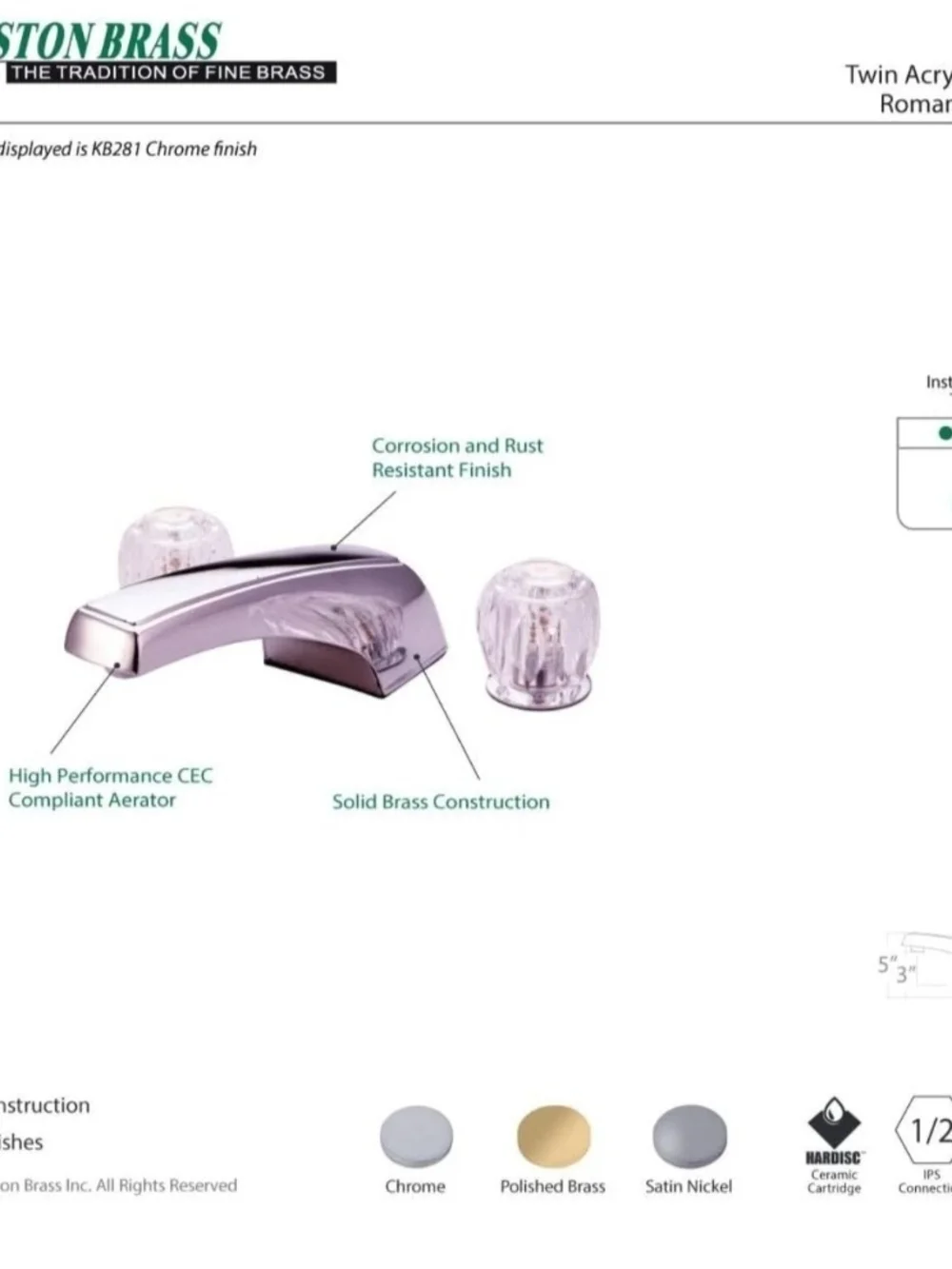 NIB Kingston Brass KB282 Twin Acrylic Handle Roman Tub Filler, Americana Collec.